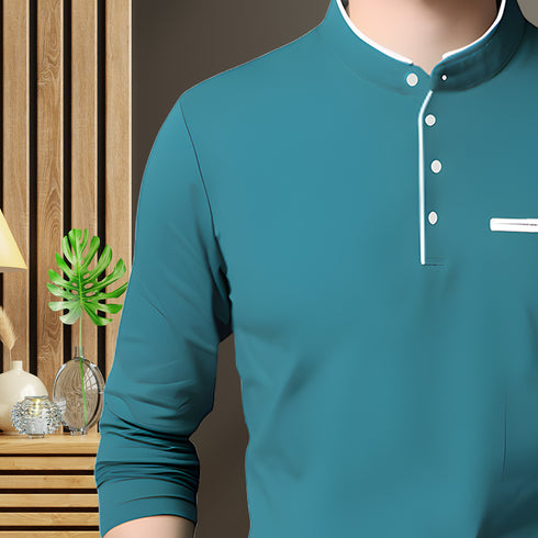 Men Teal Henley Full Sleeve T-Shirt